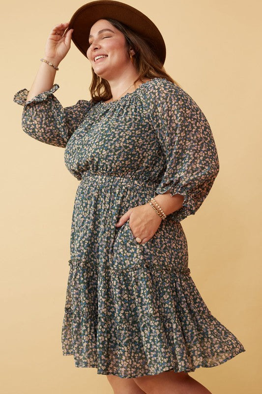 Tabby Plus Ditsy Floral Long Sleeve Off Shoulder Dress: Forest Green