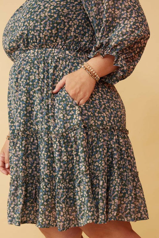 Tabby Plus Ditsy Floral Long Sleeve Off Shoulder Dress: Forest Green