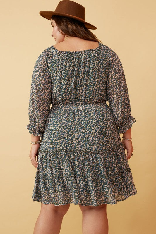 Tabby Plus Ditsy Floral Long Sleeve Off Shoulder Dress: Forest Green