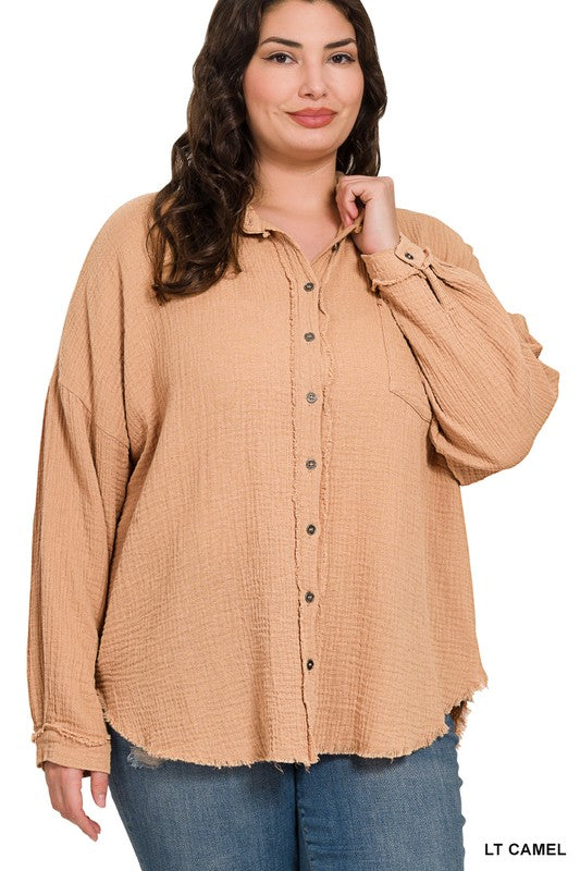 Ginger Oversized Gauze Button Down Long Sleeve Blouse