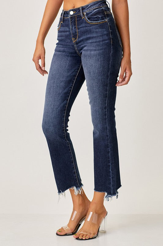 Risen High Rise Slim Straight Jeans: Dark Wash