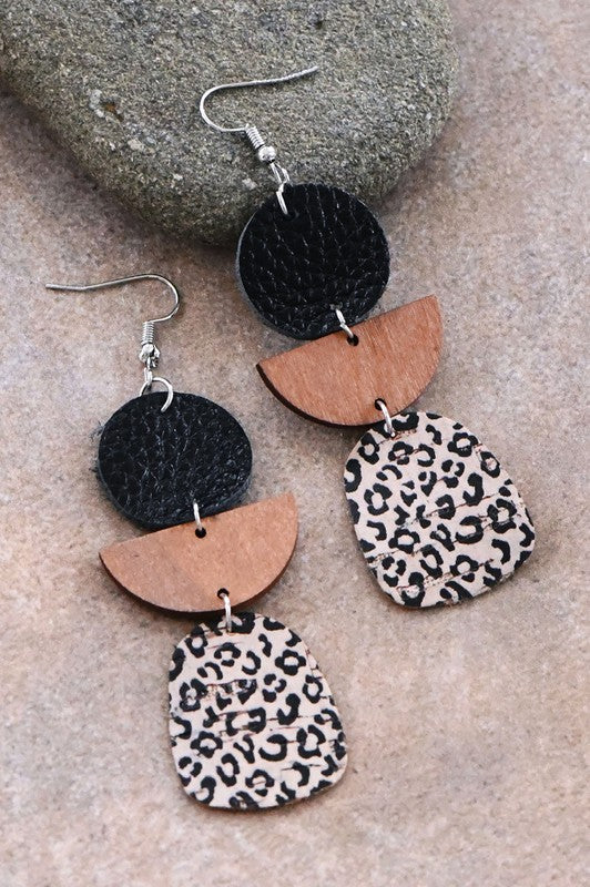 Leopard Printed Cork Earrings with Wood & Leather