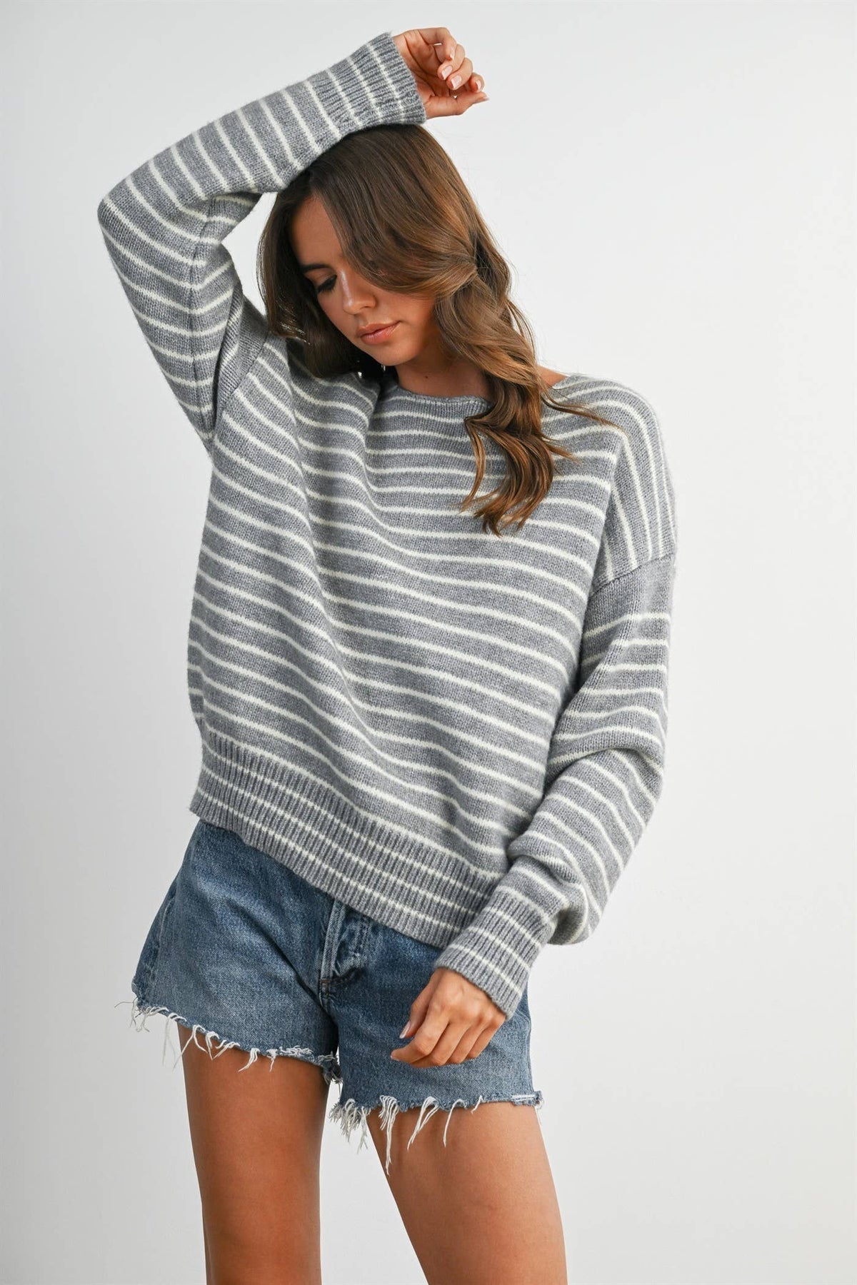 Cloud Stripe Crewneck Sweater-BMW8384: NAVY / IVORY / S