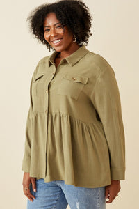 Leslie Plus Linen Blend Peplum Button Up Shirt: Olive