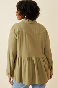 Leslie Plus Linen Blend Peplum Button Up Shirt: Olive