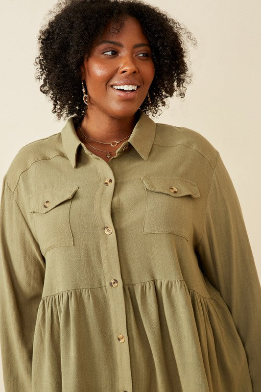 Leslie Plus Linen Blend Peplum Button Up Shirt: Olive