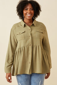 Leslie Plus Linen Blend Peplum Button Up Shirt: Olive