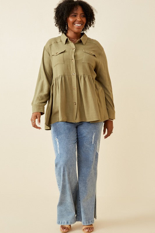 Leslie Plus Linen Blend Peplum Button Up Shirt: Olive