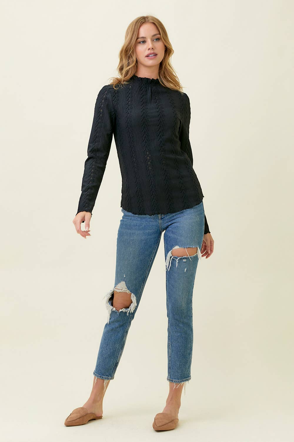 Caroline Textured Long Sleeve Blouse: Black