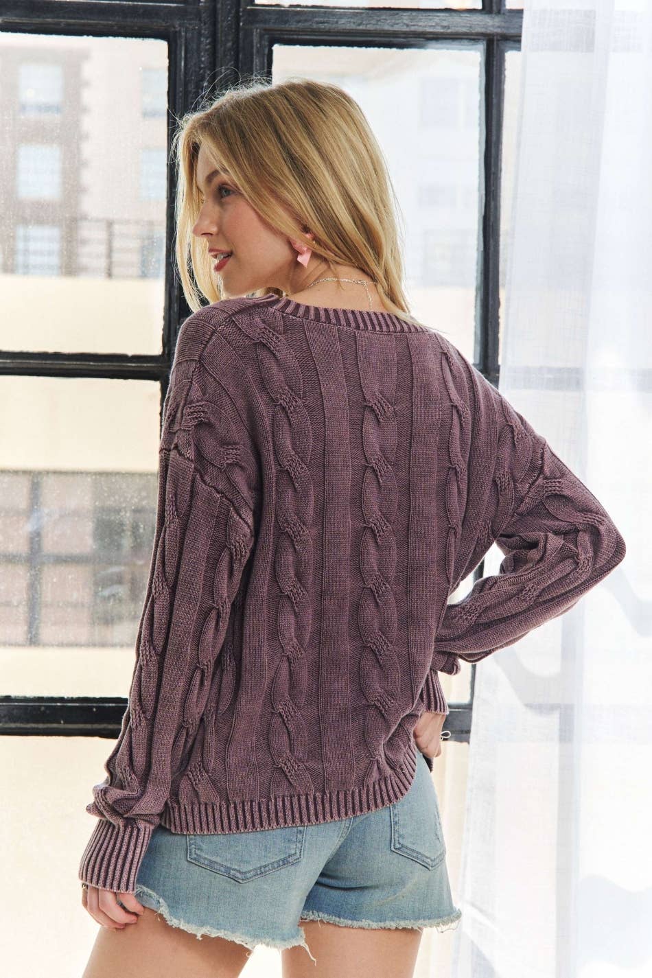 The Darcie Mineral Wash Cable Knit Sweater – Vintage Plum