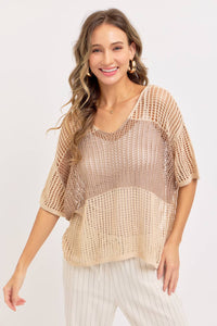 Jade Slouchy Open-Knit V-Neck Top