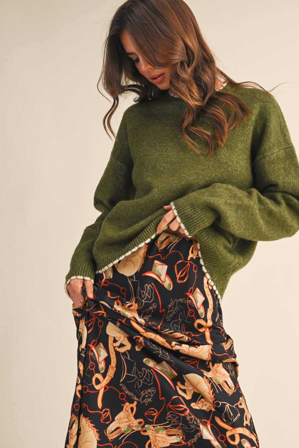 The Bria Scalloped Edge Sweater – Women’s Contrast Trim Knit Pullover, Heathered Drop Shoulder Sweater Top