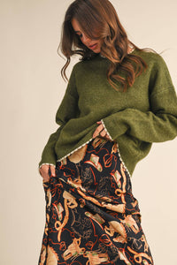 The Bria Scalloped Edge Sweater – Women’s Contrast Trim Knit Pullover, Heathered Drop Shoulder Sweater Top