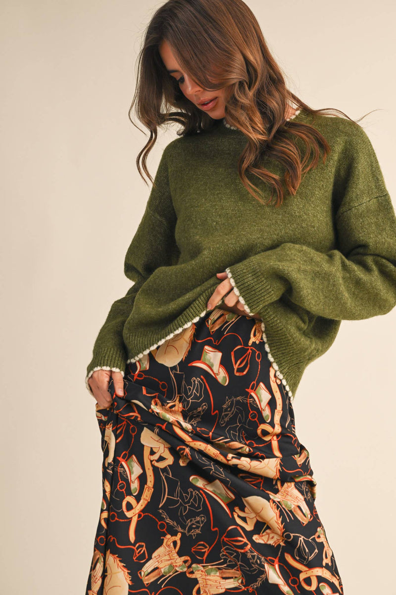 The Bria Scalloped Edge Sweater – Women’s Contrast Trim Knit Pullover, Heathered Drop Shoulder Sweater Top