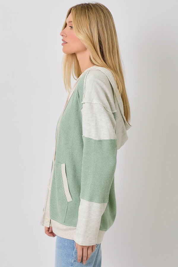 Isadora Color Block Mixed Media Hoodie Cardigan – Women’s Casual Button-Down Layer