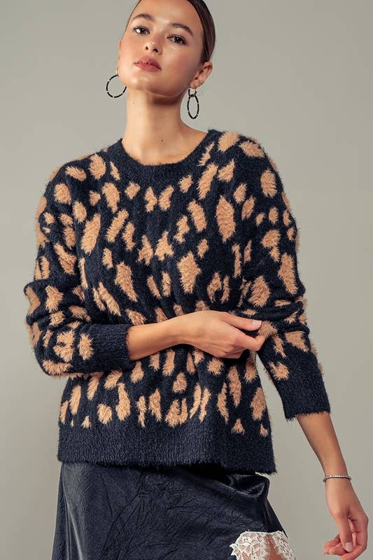 Cora Fuzzy Animal Print Crew Sweater: Black