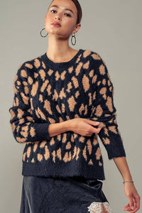 Cora Fuzzy Animal Print Crew Sweater: Black