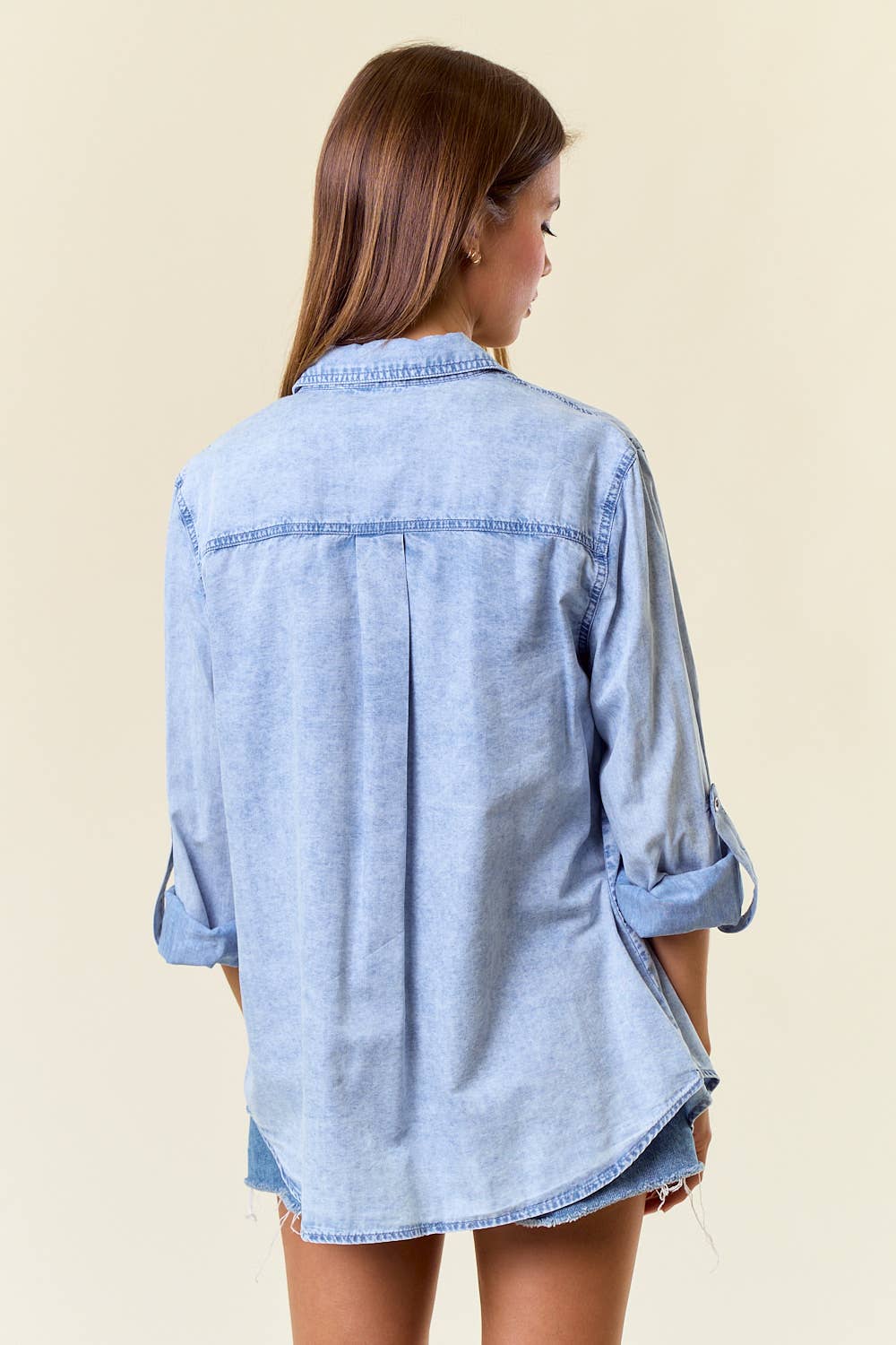 Farrah Chambray Button Down Shirt With Roll up Sleeve: Lt.Denim