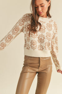 Brielle Floral Pullover Sweater- Beige Taupe