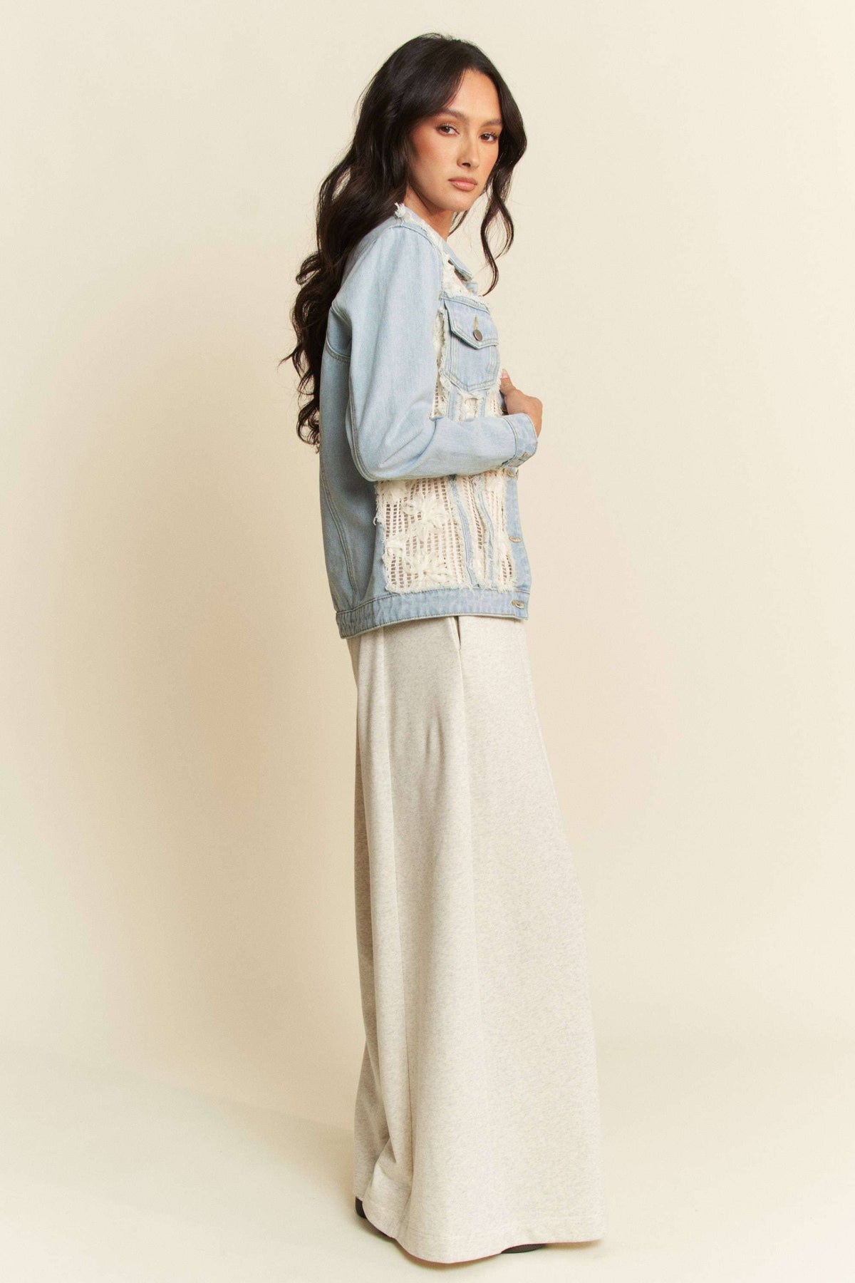 The Clara Lace Patch Denim Jacket – Light Wash Button-Up with Boho Details