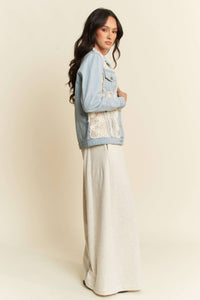 The Clara Lace Patch Denim Jacket – Light Wash Button-Up with Boho Details
