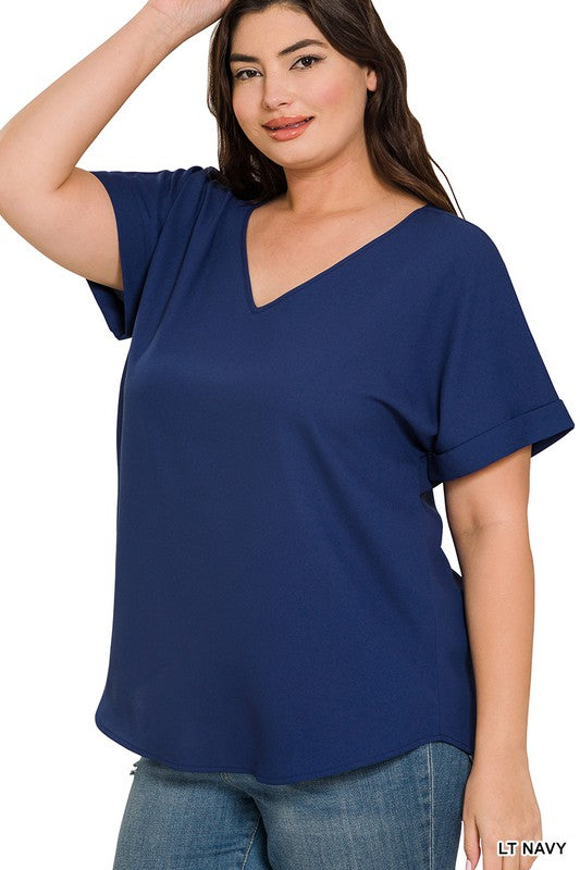Rebecca Rolled Sleeve Plus Size Lightweight Short Sleeve Blouse-
