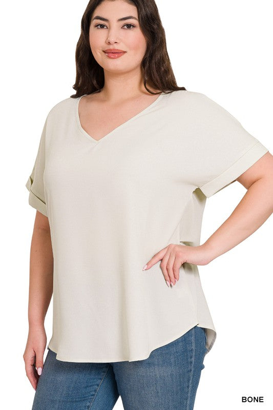 Rebecca Rolled Sleeve Plus Size Lightweight Short Sleeve Blouse-