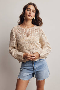 The Meadow Crochet Lace Long Sleeve Top: Ecru