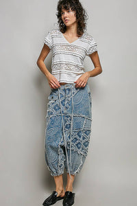 Feminine Lace V Neck Short Sleeve Top Trim Raw Edge: CREAM / S