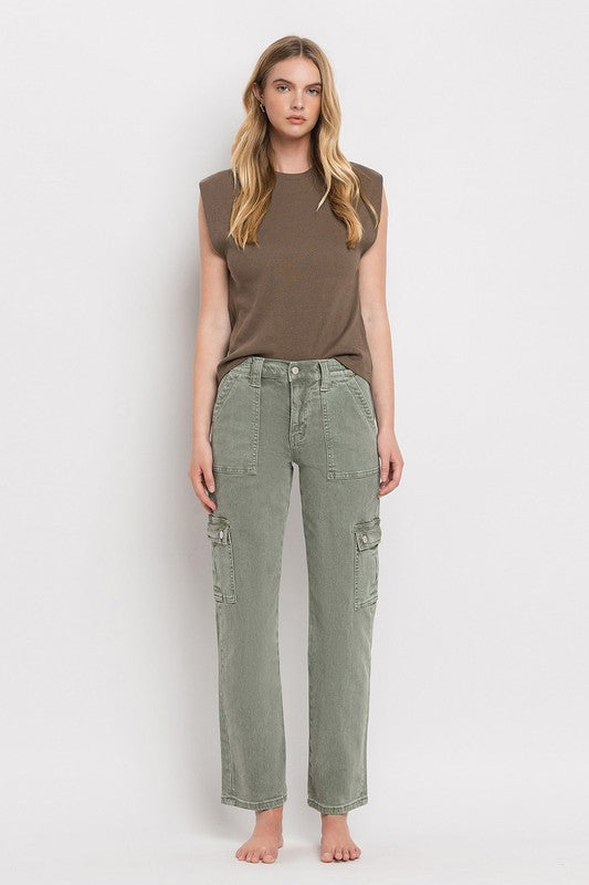 Vervet by Flying Monkey Dixie Utility High Rise Cargo Straight Jeans – Comfort Stretch Denim- Army Green