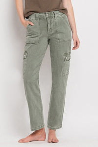 Vervet by Flying Monkey Dixie Utility High Rise Cargo Straight Jeans – Comfort Stretch Denim- Army Green