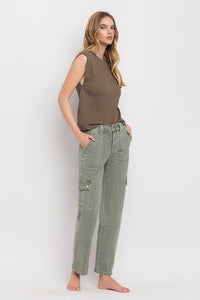 Vervet by Flying Monkey Dixie Utility High Rise Cargo Straight Jeans – Comfort Stretch Denim- Army Green