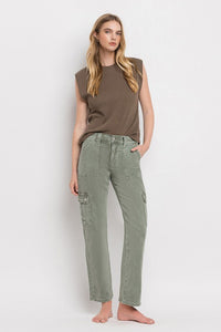 Vervet by Flying Monkey Dixie Utility High Rise Cargo Straight Jeans – Comfort Stretch Denim- Army Green