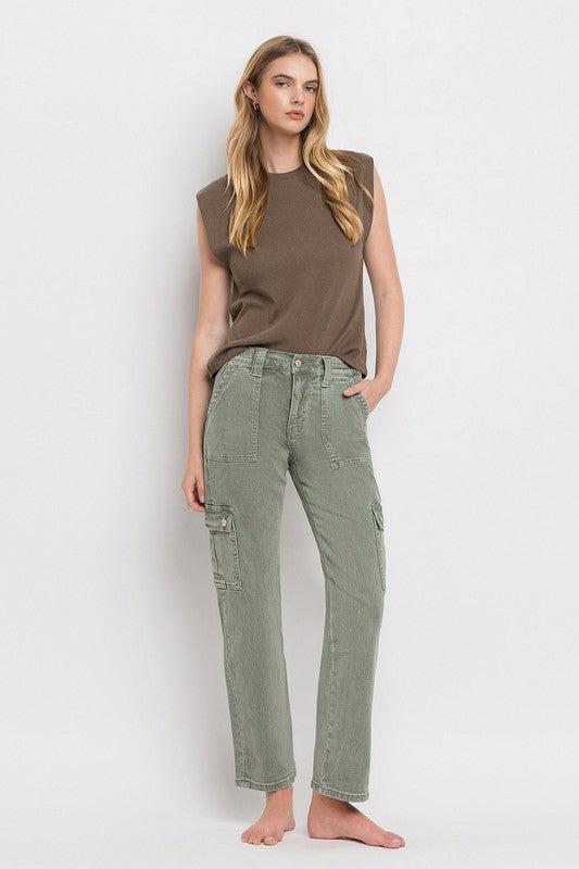 Vervet by Flying Monkey Dixie Utility High Rise Cargo Straight Jeans – Comfort Stretch Denim- Army Green