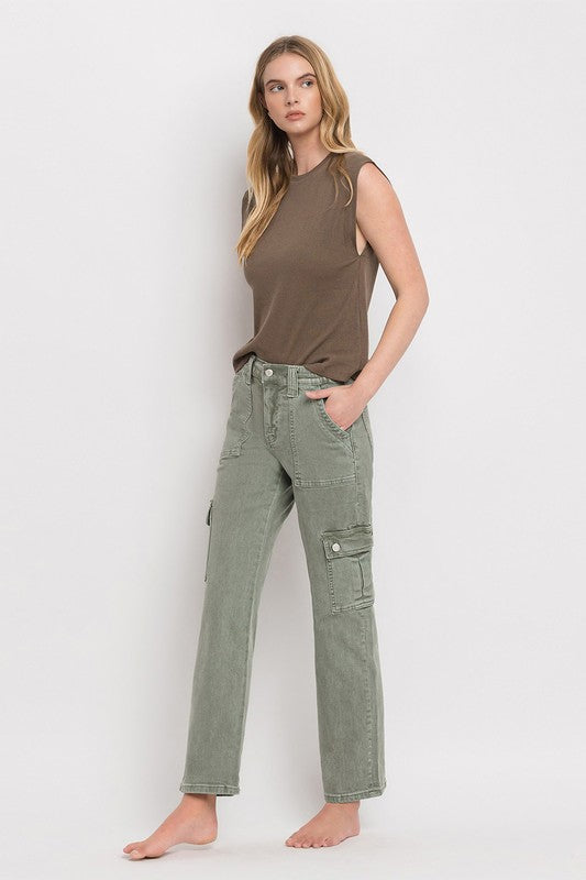 Vervet by Flying Monkey Dixie Utility High Rise Cargo Straight Jeans – Comfort Stretch Denim- Army Green