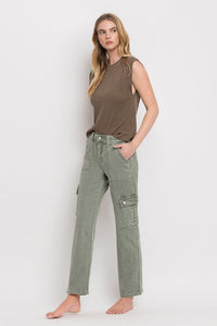 Vervet by Flying Monkey Dixie Utility High Rise Cargo Straight Jeans – Comfort Stretch Denim- Army Green