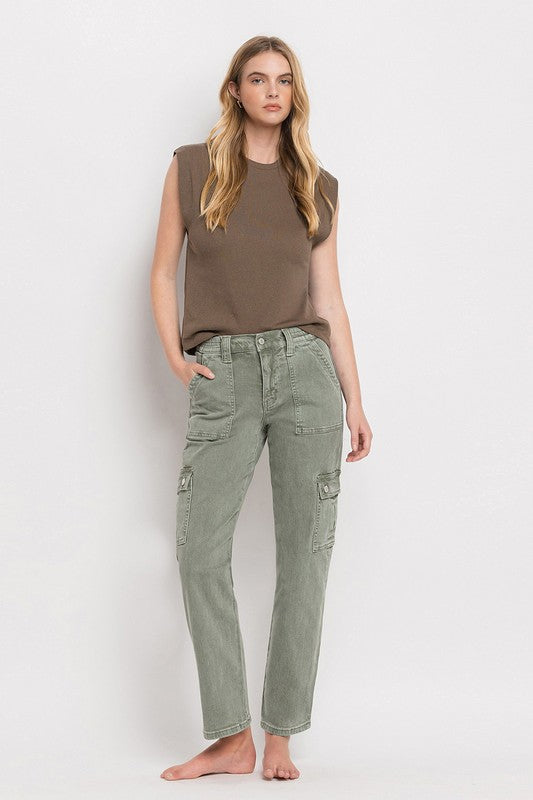 Vervet by Flying Monkey Dixie Utility High Rise Cargo Straight Jeans – Comfort Stretch Denim- Army Green