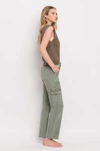 Vervet by Flying Monkey Dixie Utility High Rise Cargo Straight Jeans – Comfort Stretch Denim- Army Green