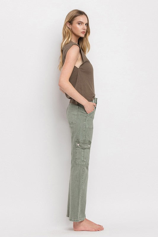 Vervet by Flying Monkey Dixie Utility High Rise Cargo Straight Jeans – Comfort Stretch Denim- Army Green