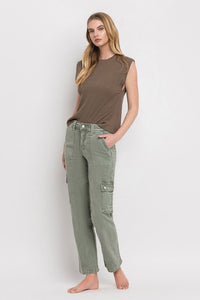 Vervet by Flying Monkey Dixie Utility High Rise Cargo Straight Jeans – Comfort Stretch Denim- Army Green