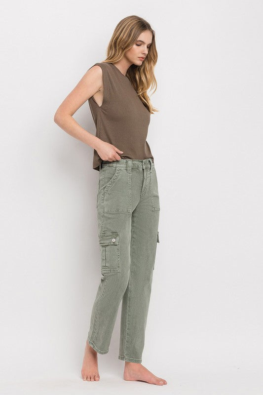 Vervet by Flying Monkey Dixie Utility High Rise Cargo Straight Jeans – Comfort Stretch Denim- Army Green