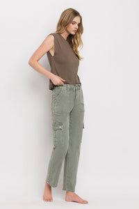 Vervet by Flying Monkey Dixie Utility High Rise Cargo Straight Jeans – Comfort Stretch Denim- Army Green