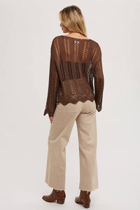 The Elowen Scalloped Hem Open Knit Pullover – Chocolate Brown Long Sleeve Sweater Top