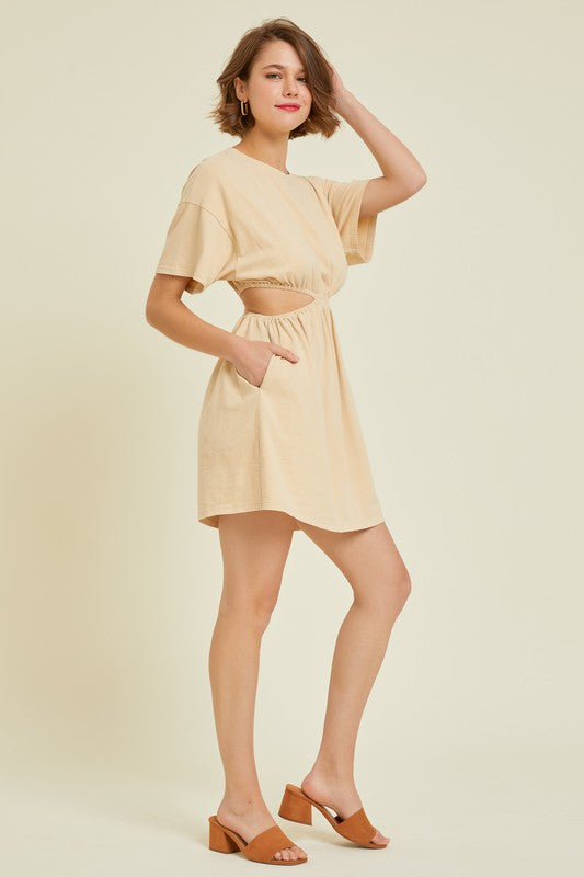 Veronica Washed Tshirt Dress with Side Cutouts: Cream