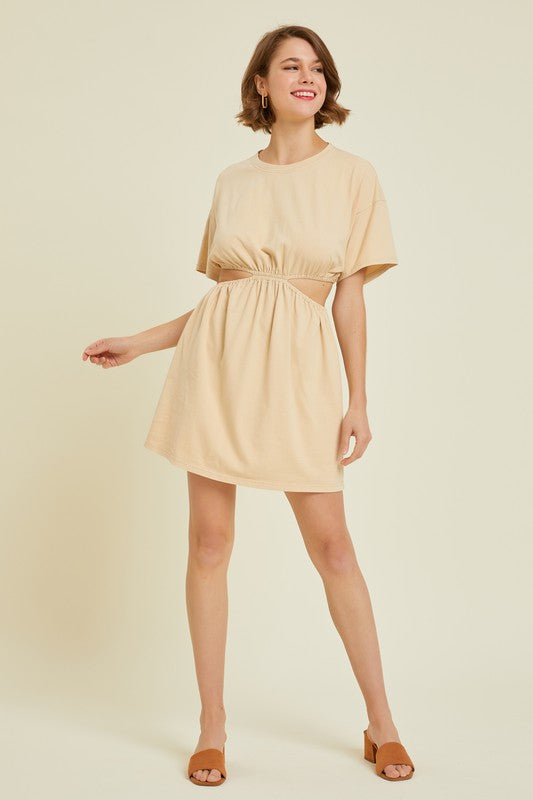 Veronica Washed Tshirt Dress with Side Cutouts: Cream