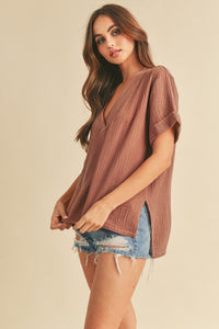 Trudie V Neck Gauze Top: Terracotta