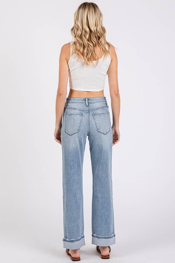 Sawyer Low Rise Baggy Straight Jeans – Light Wash Cuffed Denim with Soft Stretch