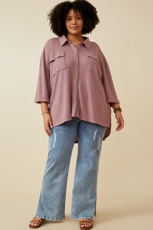 Jolie Plus Waffle Knit Chest Pocket Short Sleeve Shirt: Dusty Purple