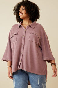 Jolie Plus Waffle Knit Chest Pocket Short Sleeve Shirt: Dusty Purple