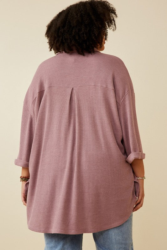 Jolie Plus Waffle Knit Chest Pocket Short Sleeve Shirt: Dusty Purple